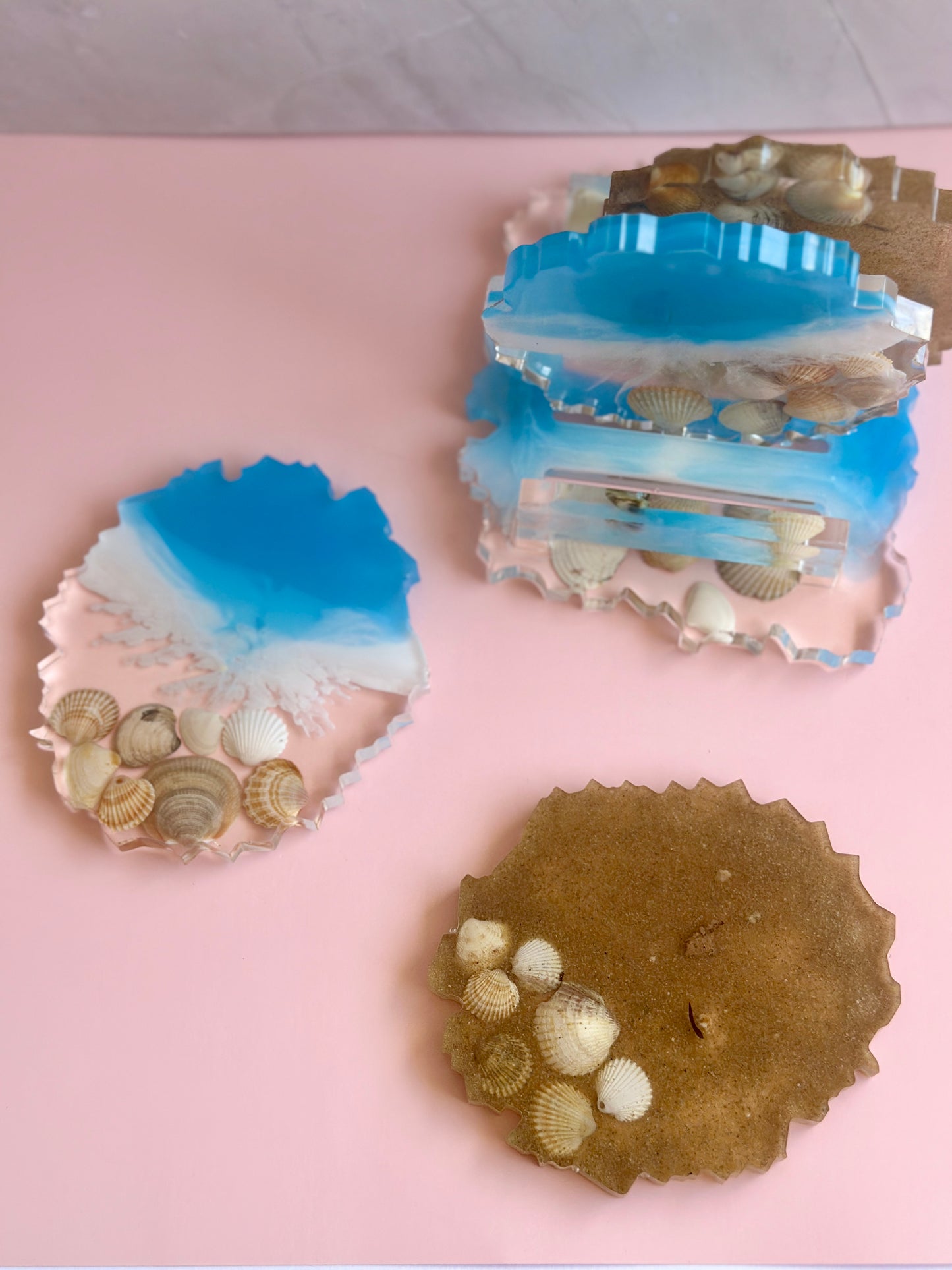 Set dessous de verre effet mer avec socle – Résine époxy artisanale