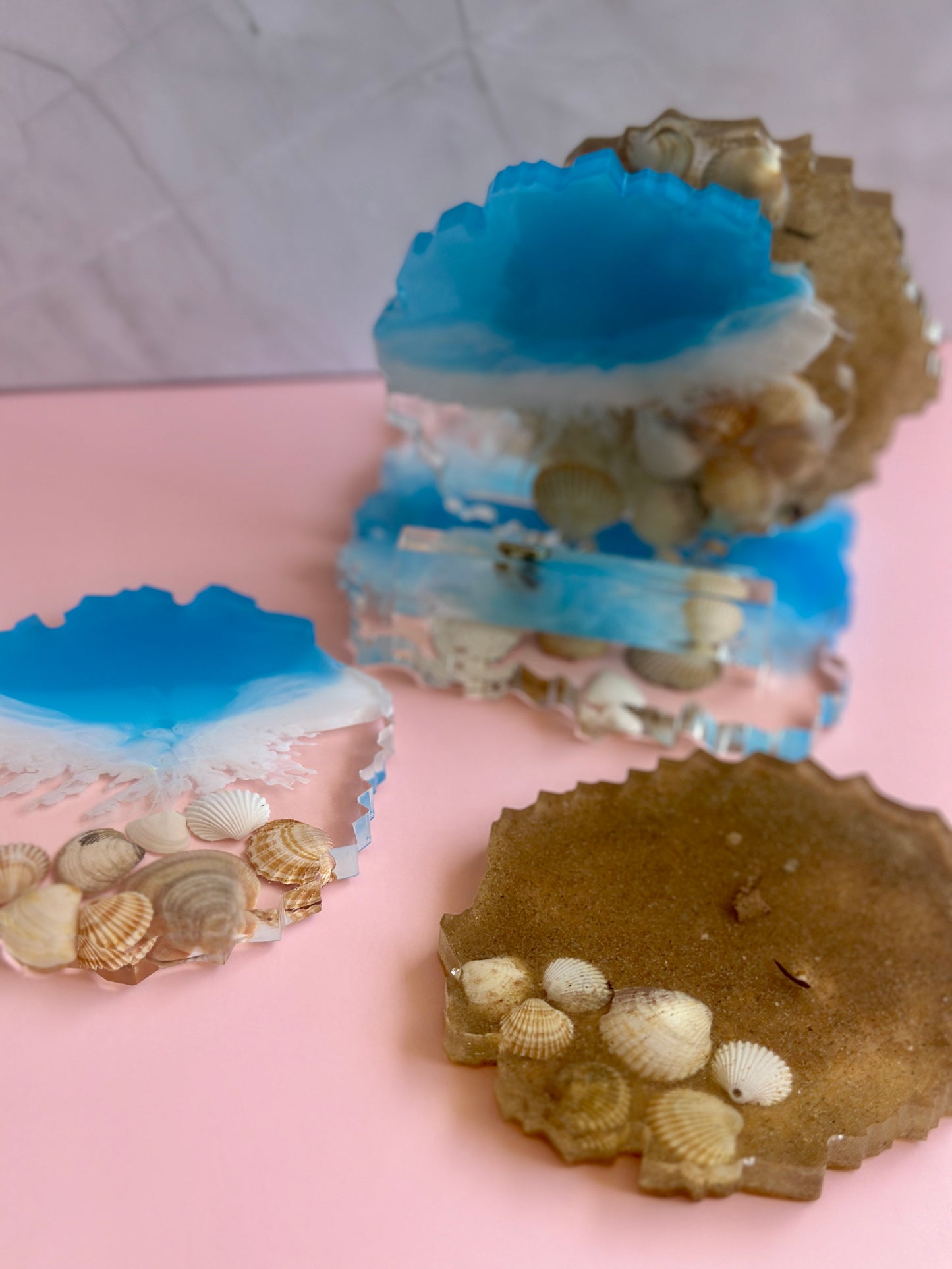 Set dessous de verre effet mer avec socle – Résine époxy artisanale