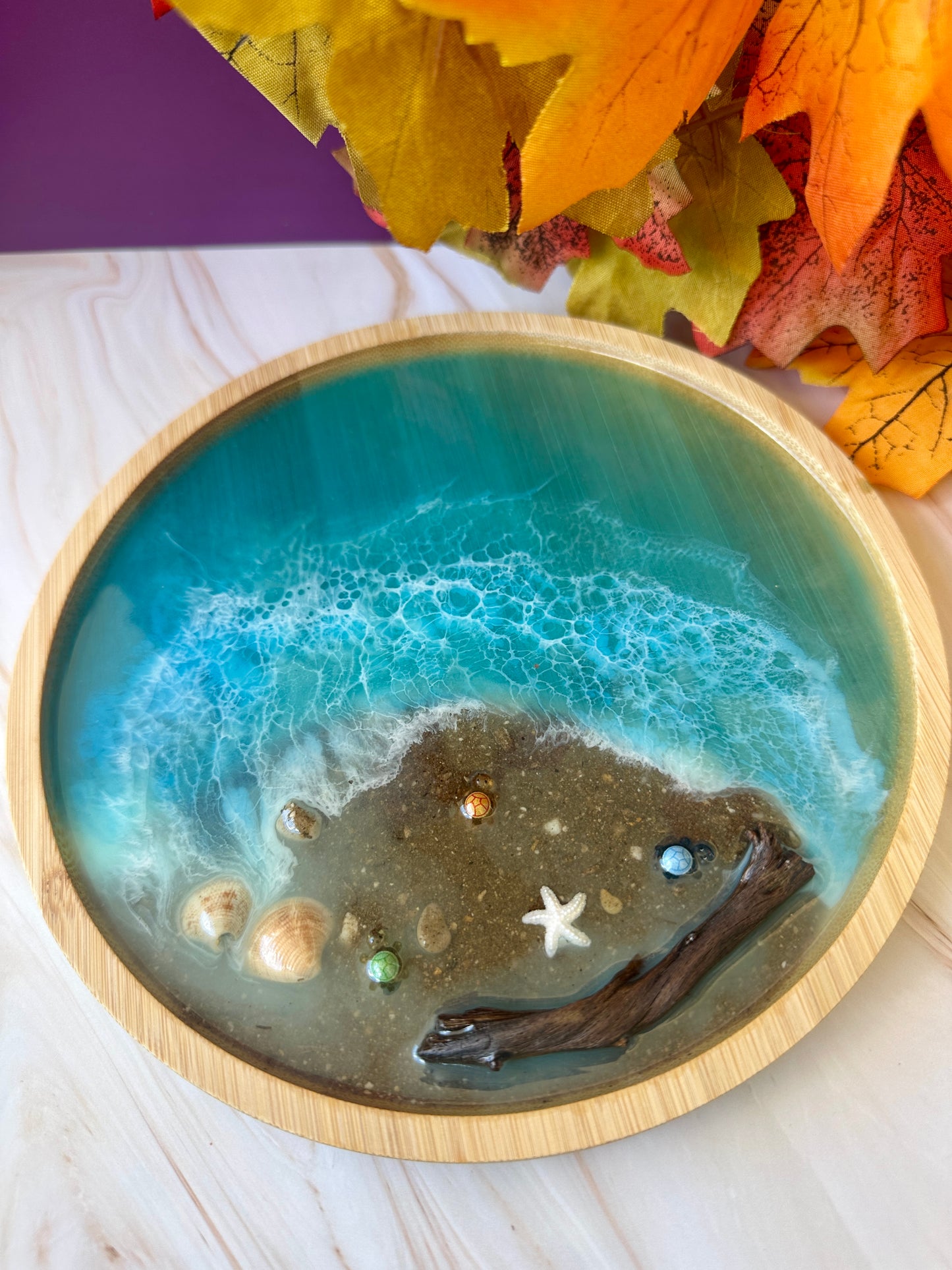 Plateau décoratif bambou & résine - effet mer