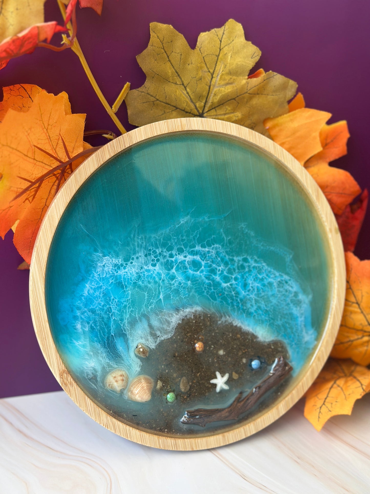 Plateau décoratif bambou & résine - effet mer
