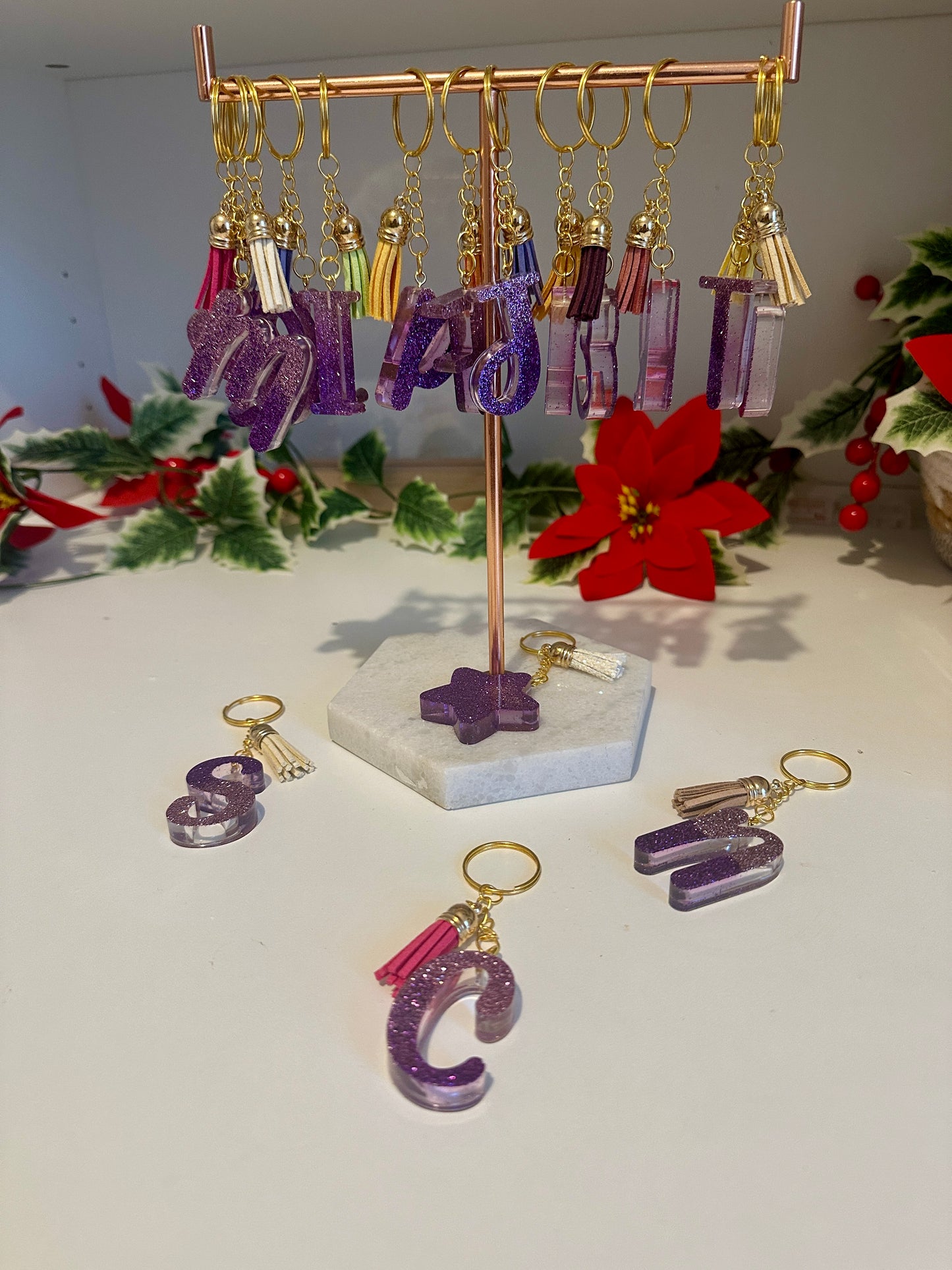 Porte-clé pailleté fait main – Dégradé rose poudré & violet