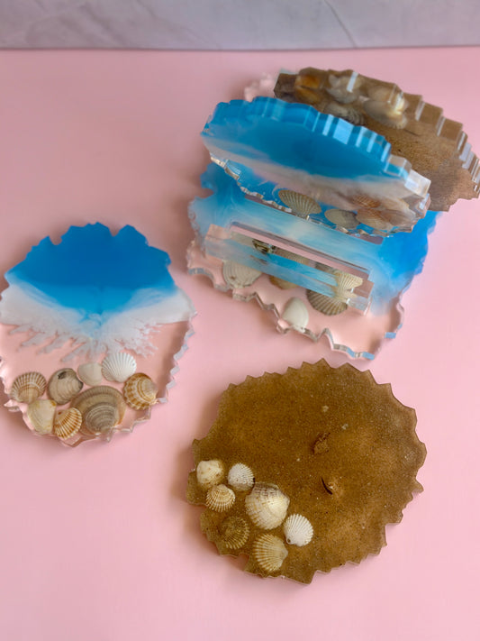 Set dessous de verre effet mer avec socle – Résine époxy artisanale