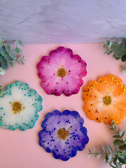 Dessous de verre fleuris en résine – Lot de 4 couleurs estivales fait main