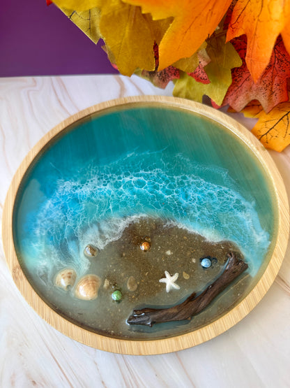 Plateau décoratif bambou & résine  - effet mer