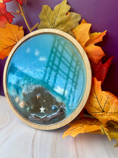 Plateau décoratif bambou & résine  - effet mer